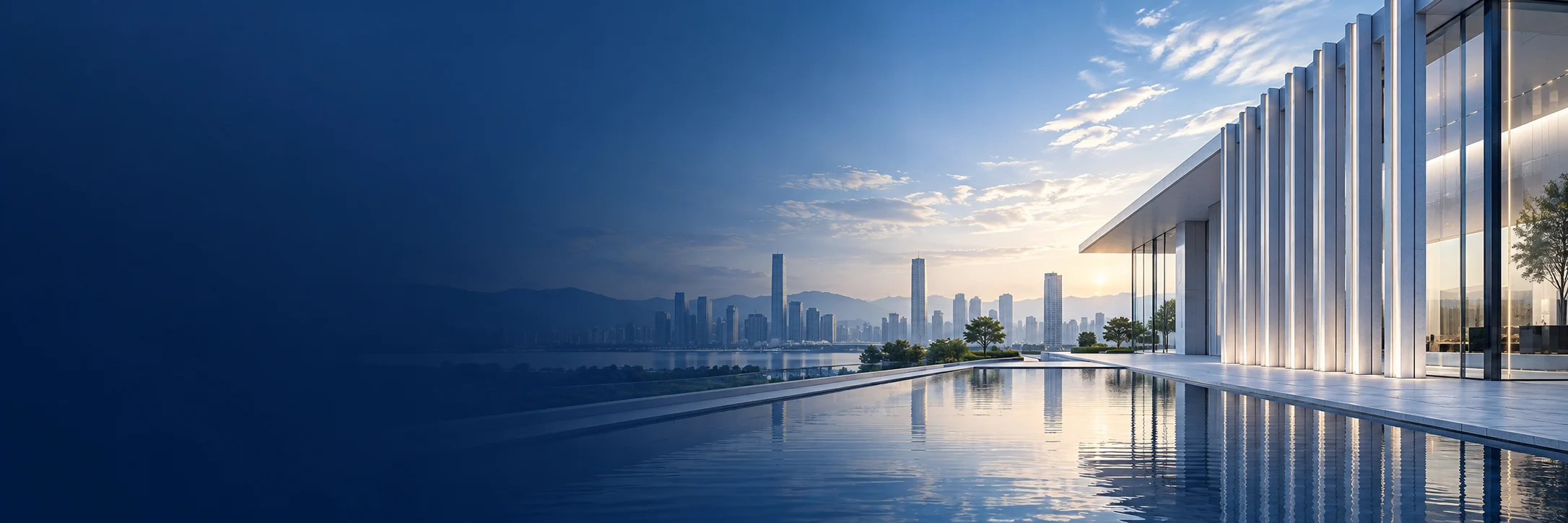 现代建筑与城市水景的蓝色主题视觉